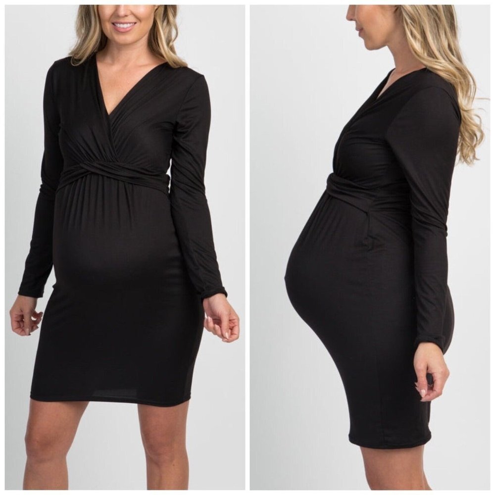 New Pink Blush Maternity Dress Womens Size Large Black Front Knot Long Sleeve